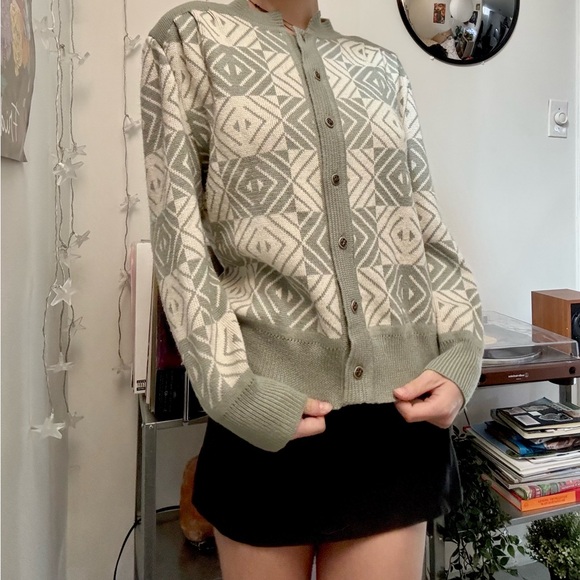 Sage Green & Cream Geometric Button-Up Cardigan Sweater - Picture 2 of 6